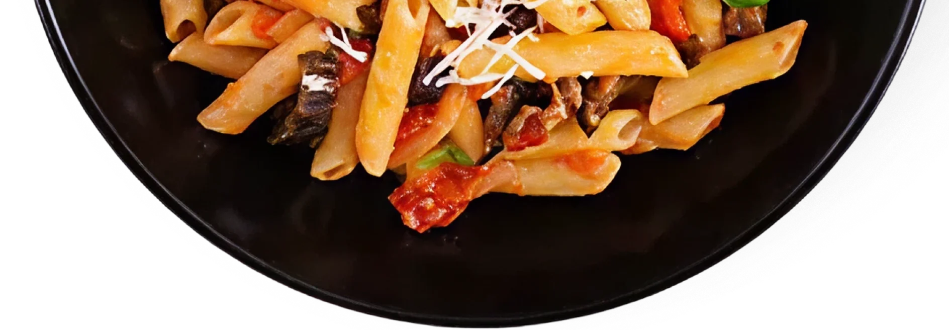A bowl of rigatoni in tomato sauce