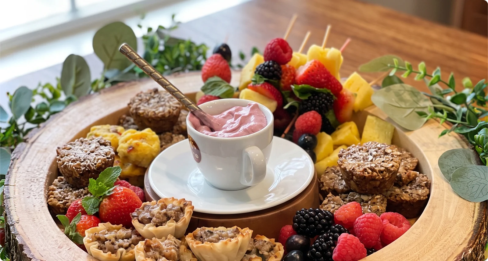 Dessert platter with fruit, tarts and a dipping cup