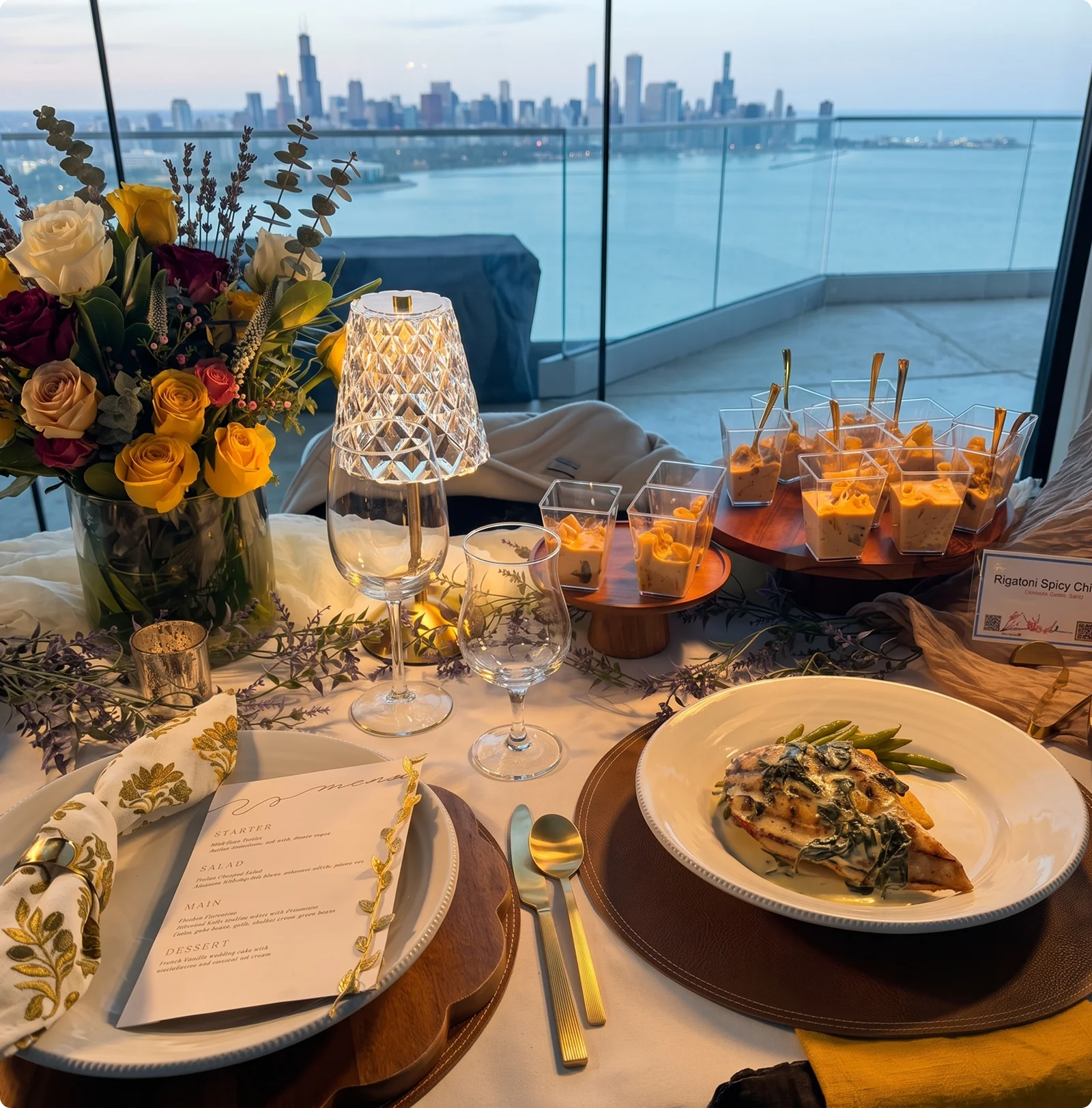 Reception table set with flowers overlooking the water