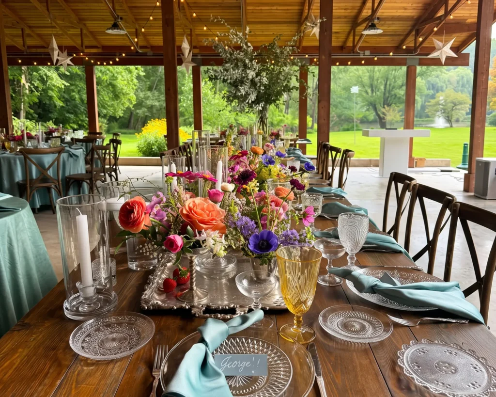 Long table set with flowers and glassware under a garden pavilion