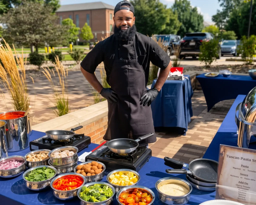 Chef at an outdoor pasta station with bowls of toppings