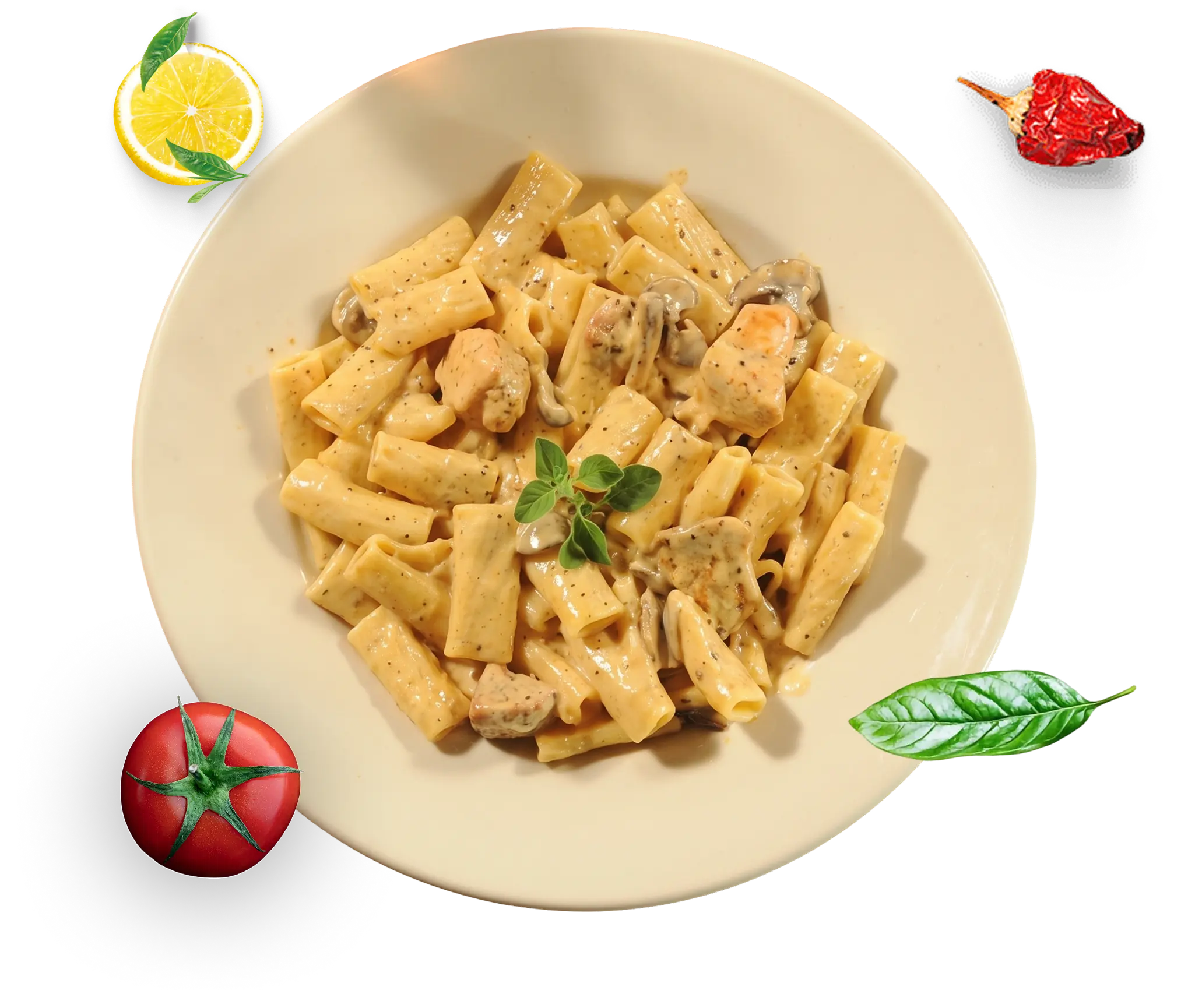 Bowl of the original 1983 Spicy Chicken Rigatoni, finished with fresh basil