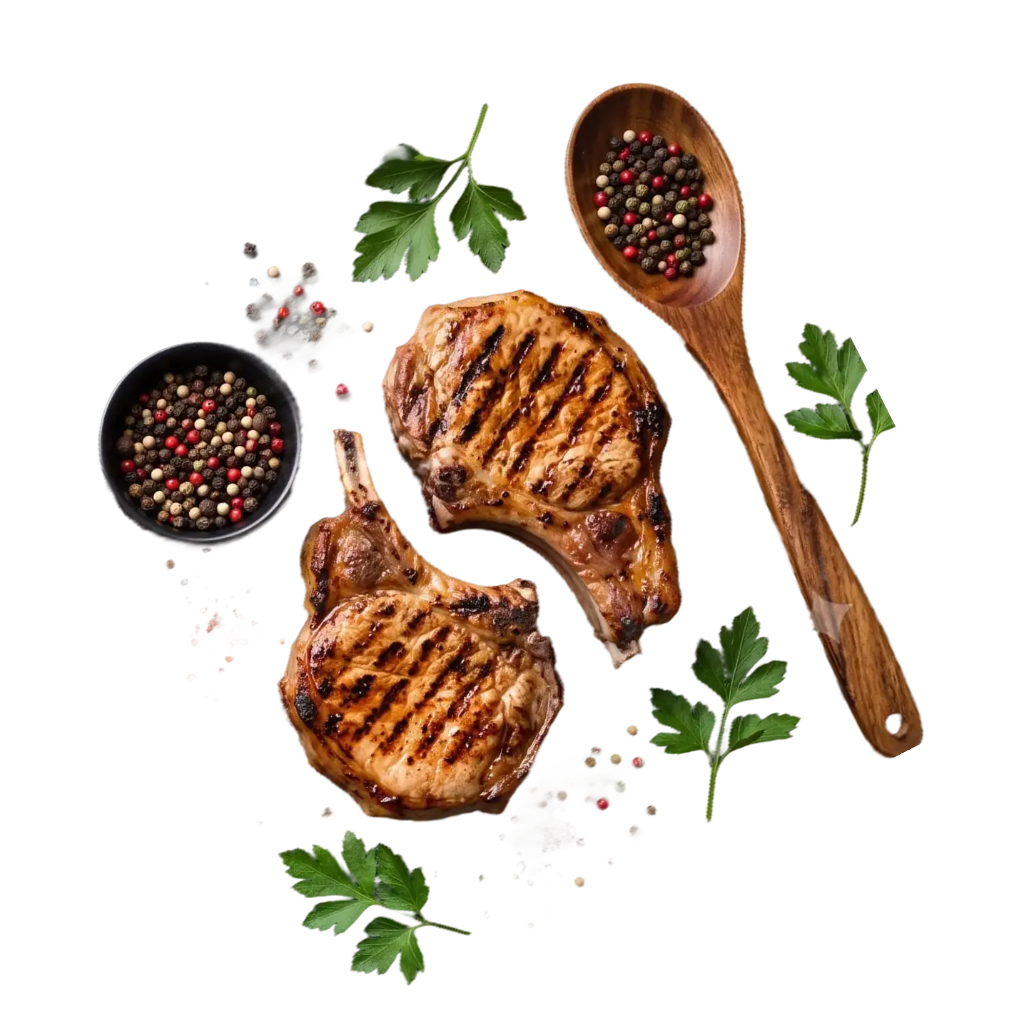 Grilled pork chops with peppercorns and fresh parsley
