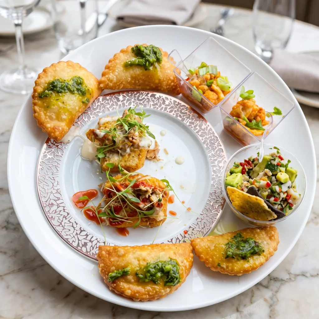 Plated empanadas with chimichurri and salsa