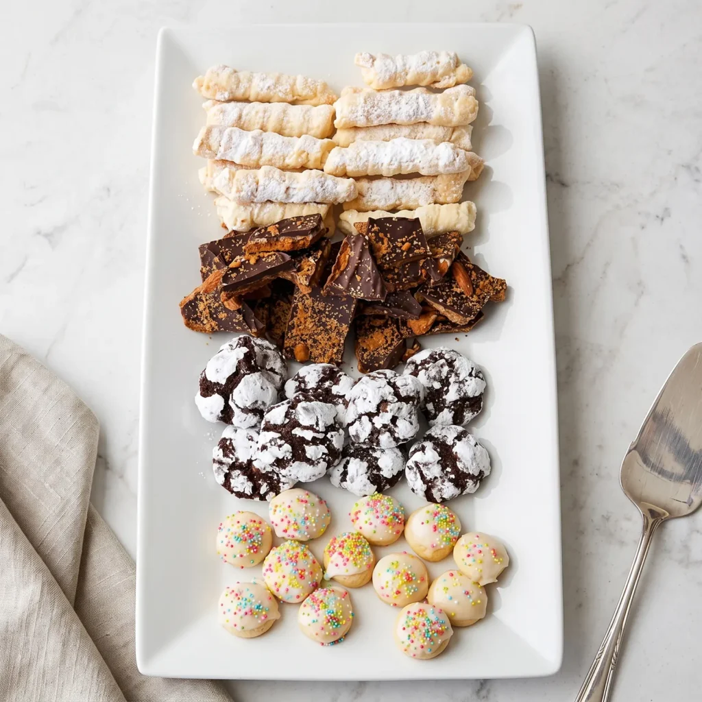 Dessert platter of cannoli, brownies and iced cookies