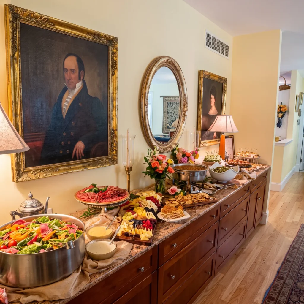Buffet laid along a sideboard under framed portraits