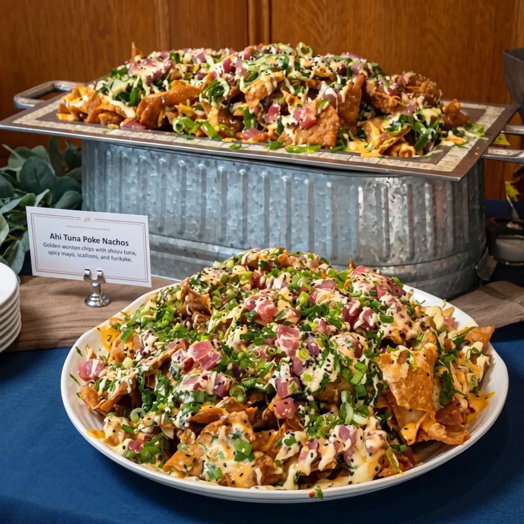 Ahi tuna poke nachos served from chafing trays
