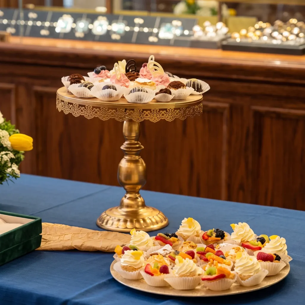 Tiered stand of tartlets and canapes on a blue linen table