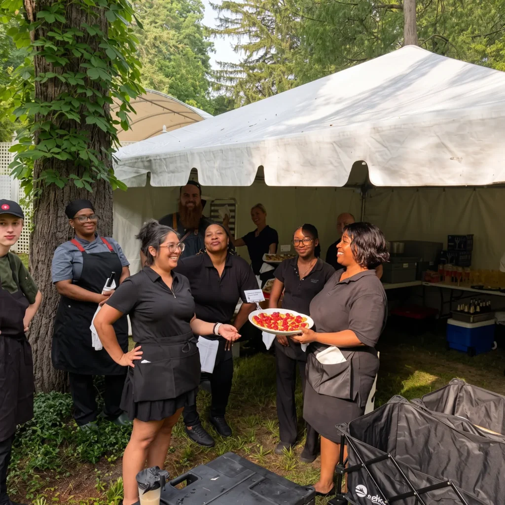 Staff serving guests under a garden tent