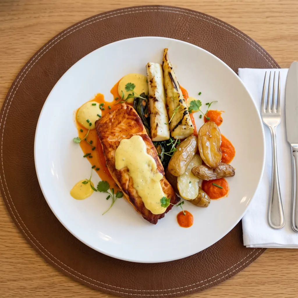 Plated salmon with roasted potatoes and vegetables